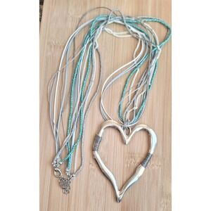 Women's Sweet Lola Silver Heart Pendant Grn Cord Statement BOHO Chunky Necklace